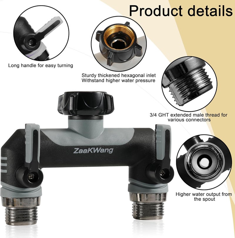 ZaakWang Full Flow Heavy Duty Two - Way Hose Splitter, Rugged Garden Faucet Adapter, Spout Diverter T - Way Adapter with Extended Handle, 3/4” GHT Thread, Grey - Image 3
